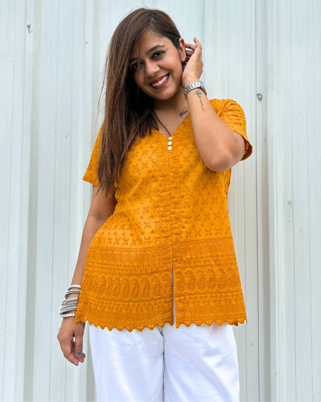 Mustard Yellow Cotton Embroidered Chikankari Short Kurti