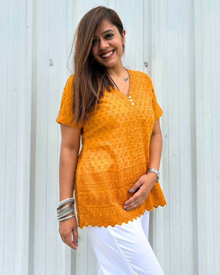 Mustard Yellow Cotton Embroidered Chikankari Short Kurti