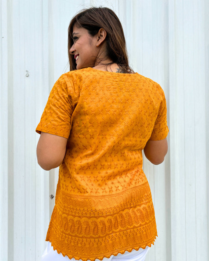 Mustard Yellow Cotton Embroidered Chikankari Short Kurti