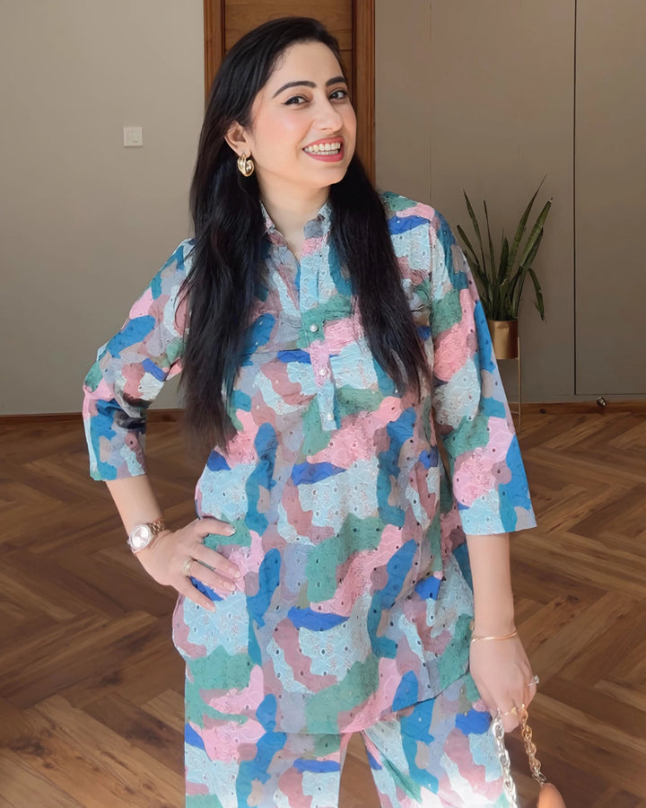 Artistic Multicolor Cotton Schiffli Co-ord Set
