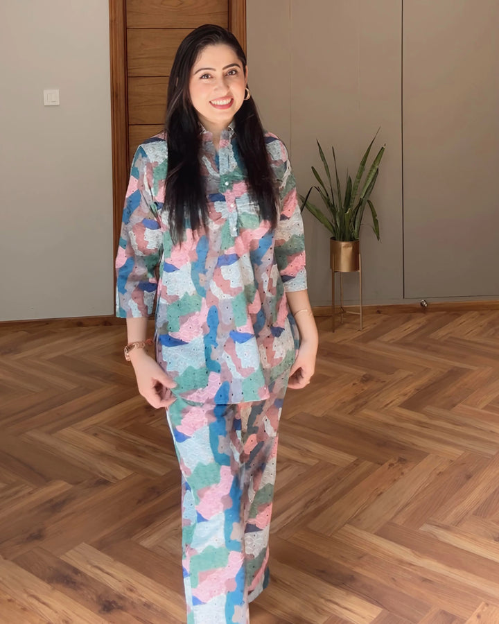Artistic Multicolor Cotton Schiffli Co-ord Set