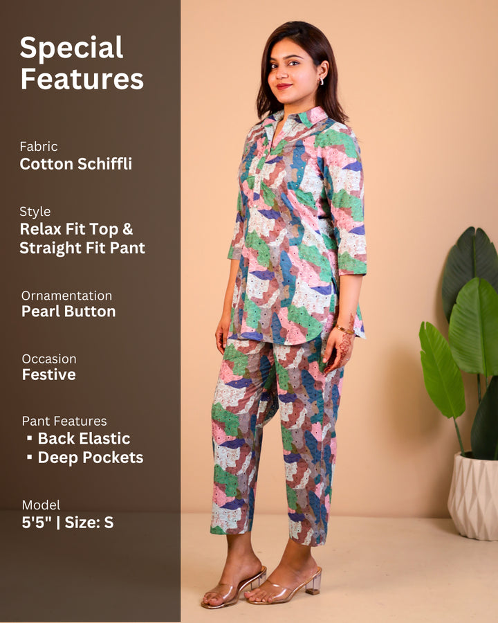 Artistic Multicolor Cotton Schiffli Co-ord Set