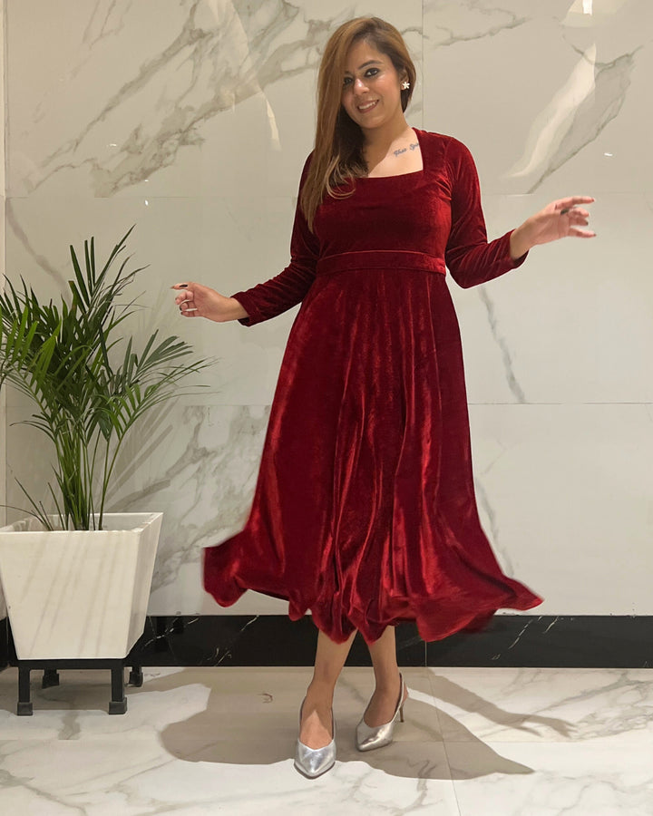 Autumn Red Luxurious Velvet Dress