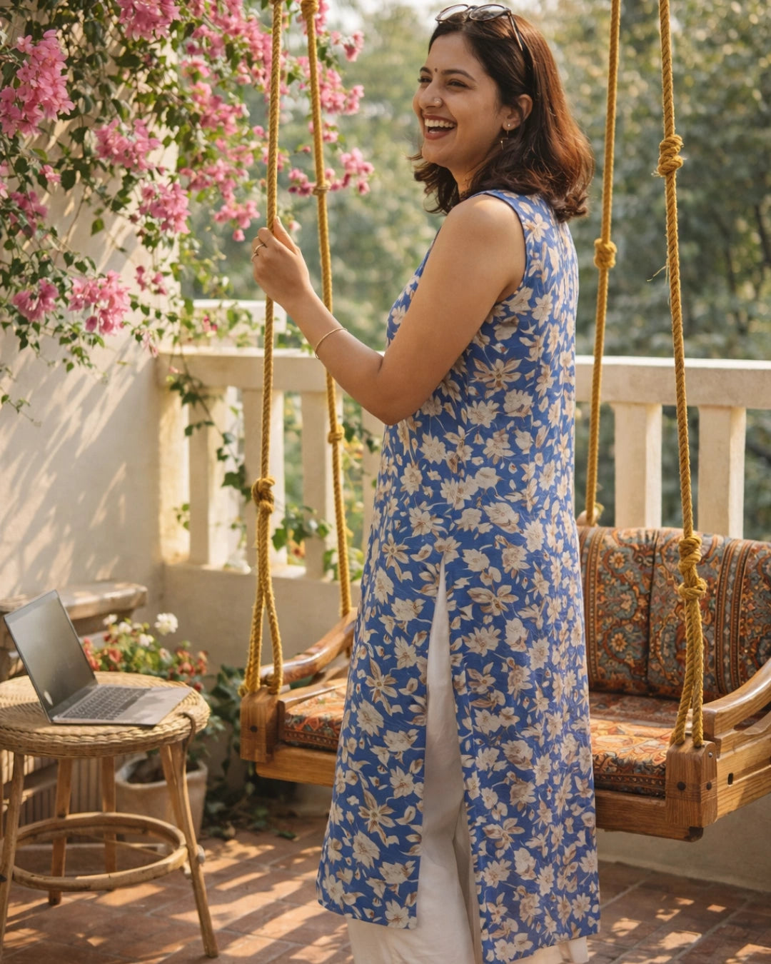 Sea Green Bloom Straight Cotton Kurta For Women