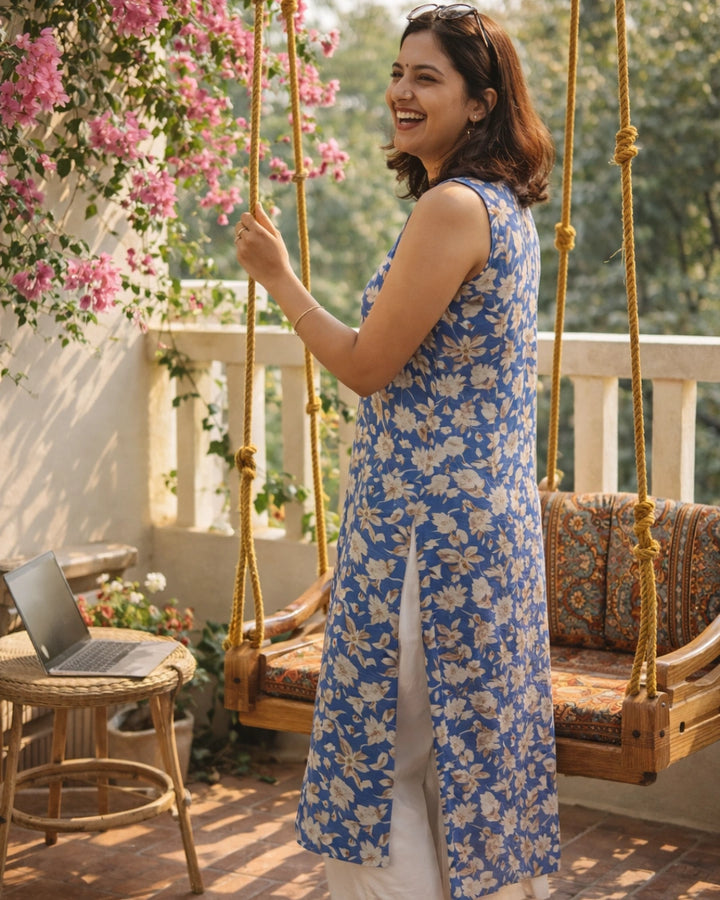 Sea Green Bloom Straight Cotton Kurta For Women