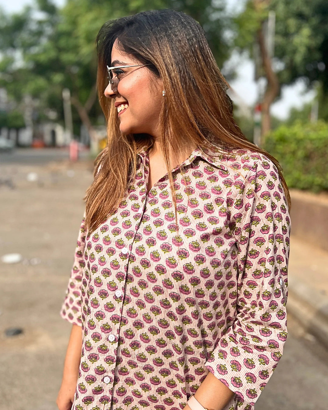 Beige Printed Cotton Shirt For Women