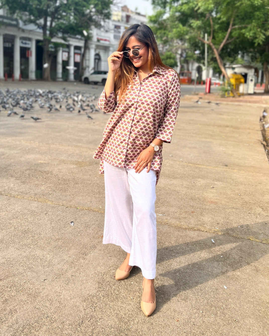Beige Printed Cotton Shirt For Women