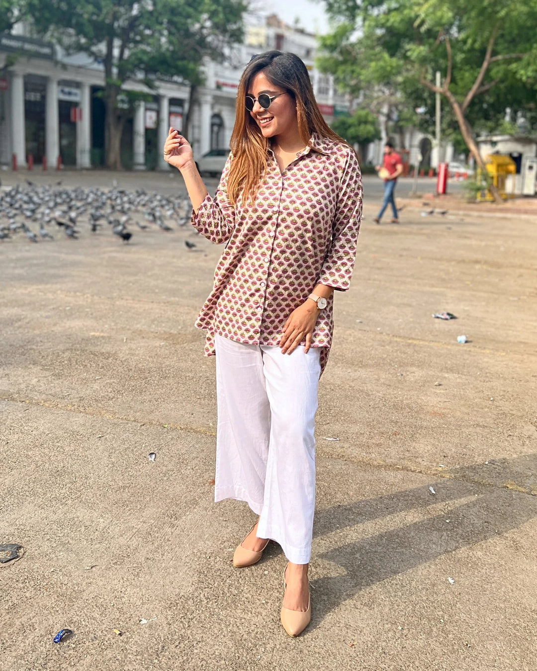 Beige Printed Cotton Shirt For Women