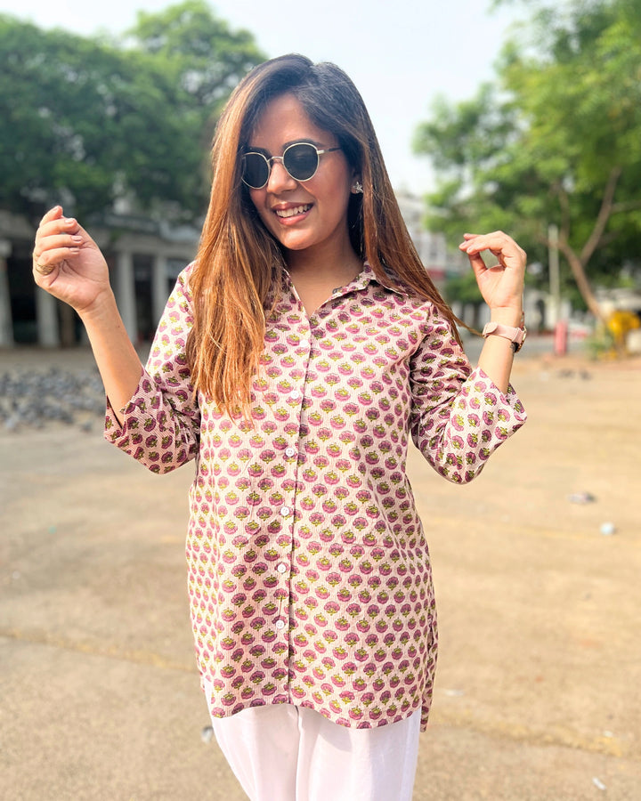 Beige Printed Cotton Shirt For Women