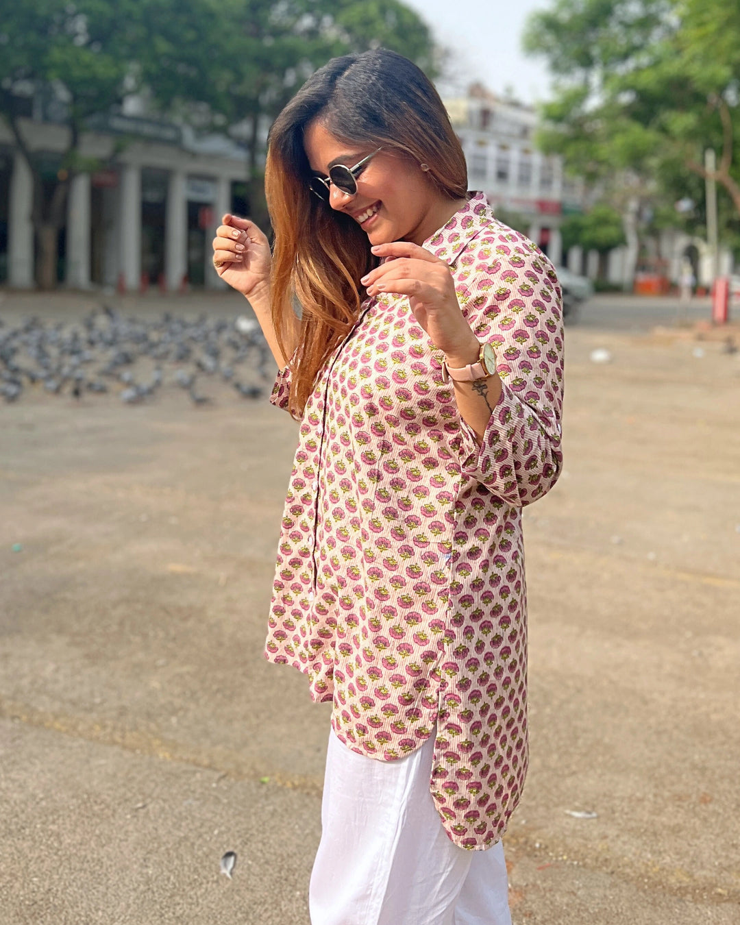 Beige Printed Cotton Shirt For Women