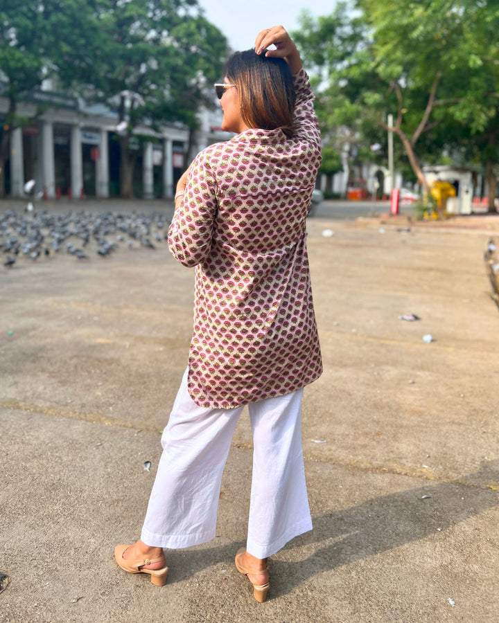 Beige Printed Cotton Shirt For Women