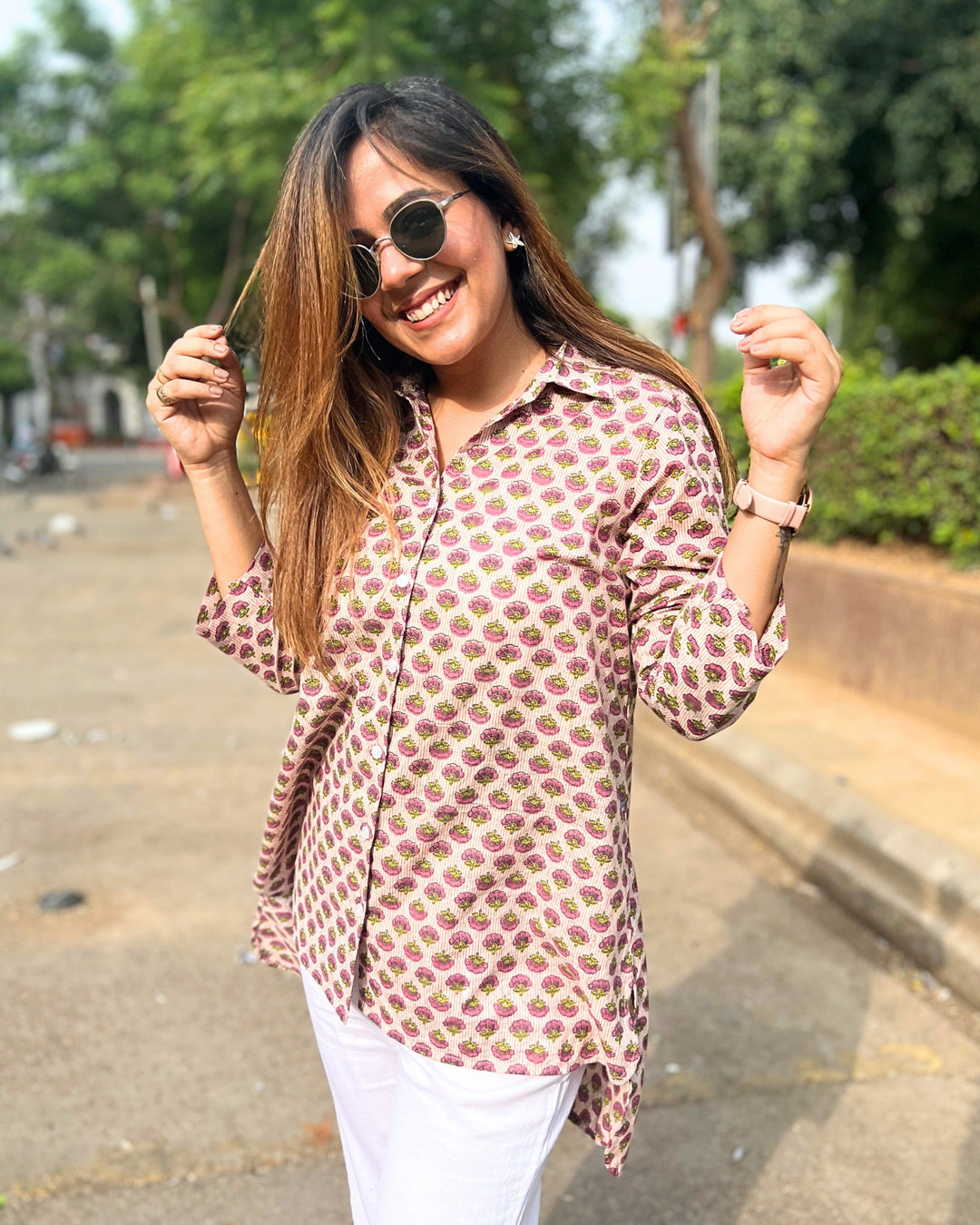 Beige Printed Cotton Shirt For Women