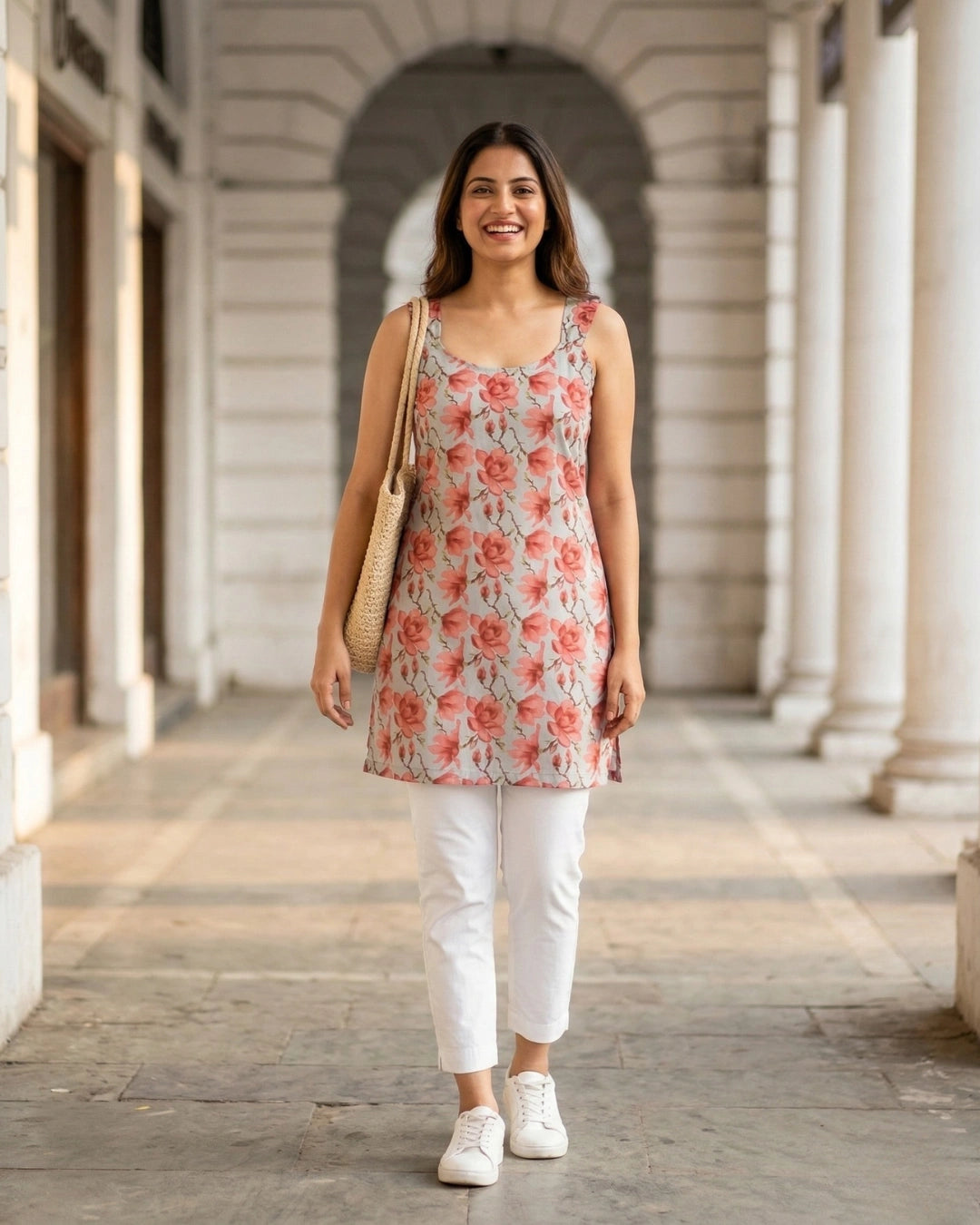 Beluga Yellow Roses Sleeveless Women's Short Kurti