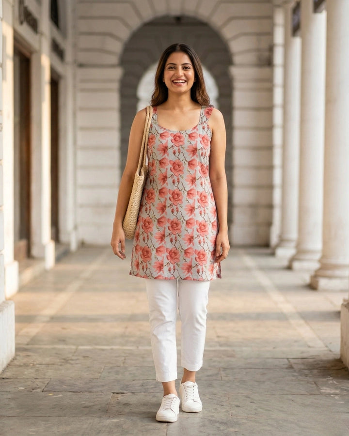 Beluga Yellow Roses Sleeveless Women's Short Kurti