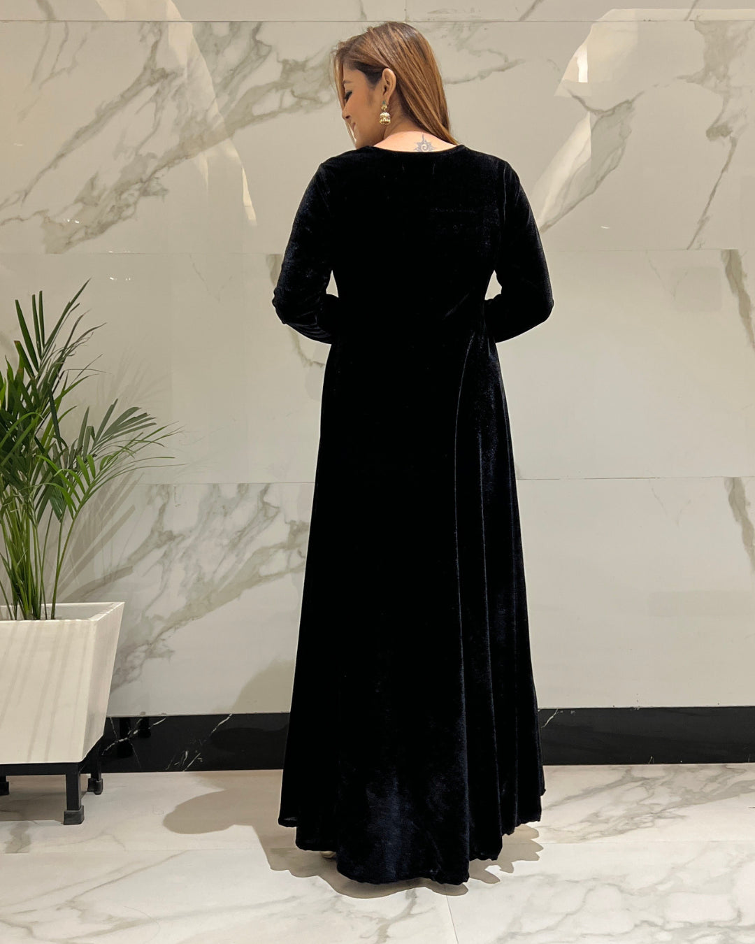 Black Fit and Flare Long Velvet Dress