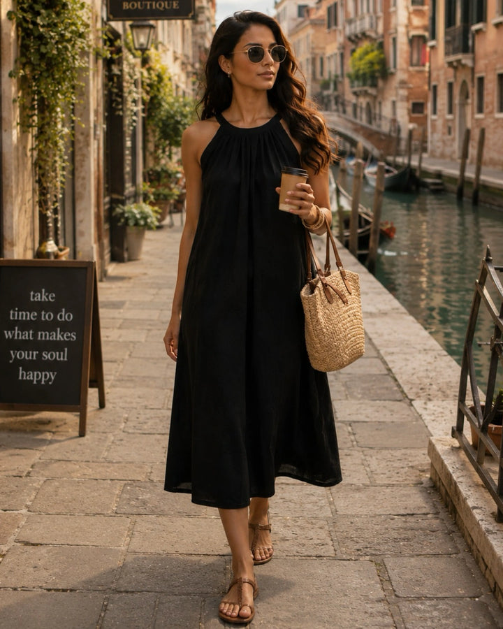 Black Halter Neck Back Tie Flex Dress For Women