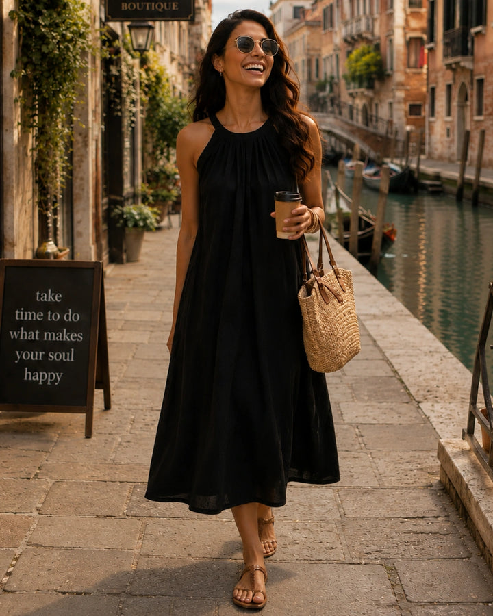 Black Halter Neck Back Tie Flex Dress For Women