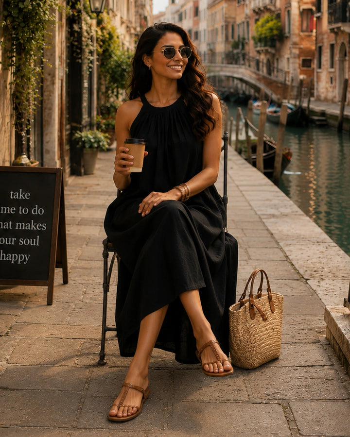 Black Halter Neck Back Tie Flex Dress For Women