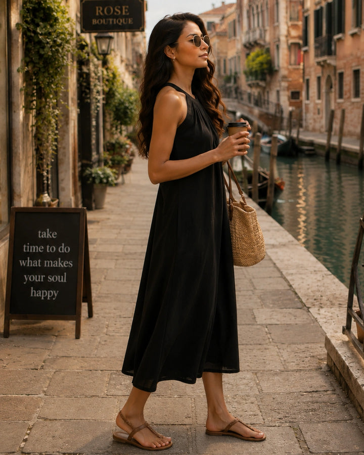Black Halter Neck Back Tie Flex Dress For Women