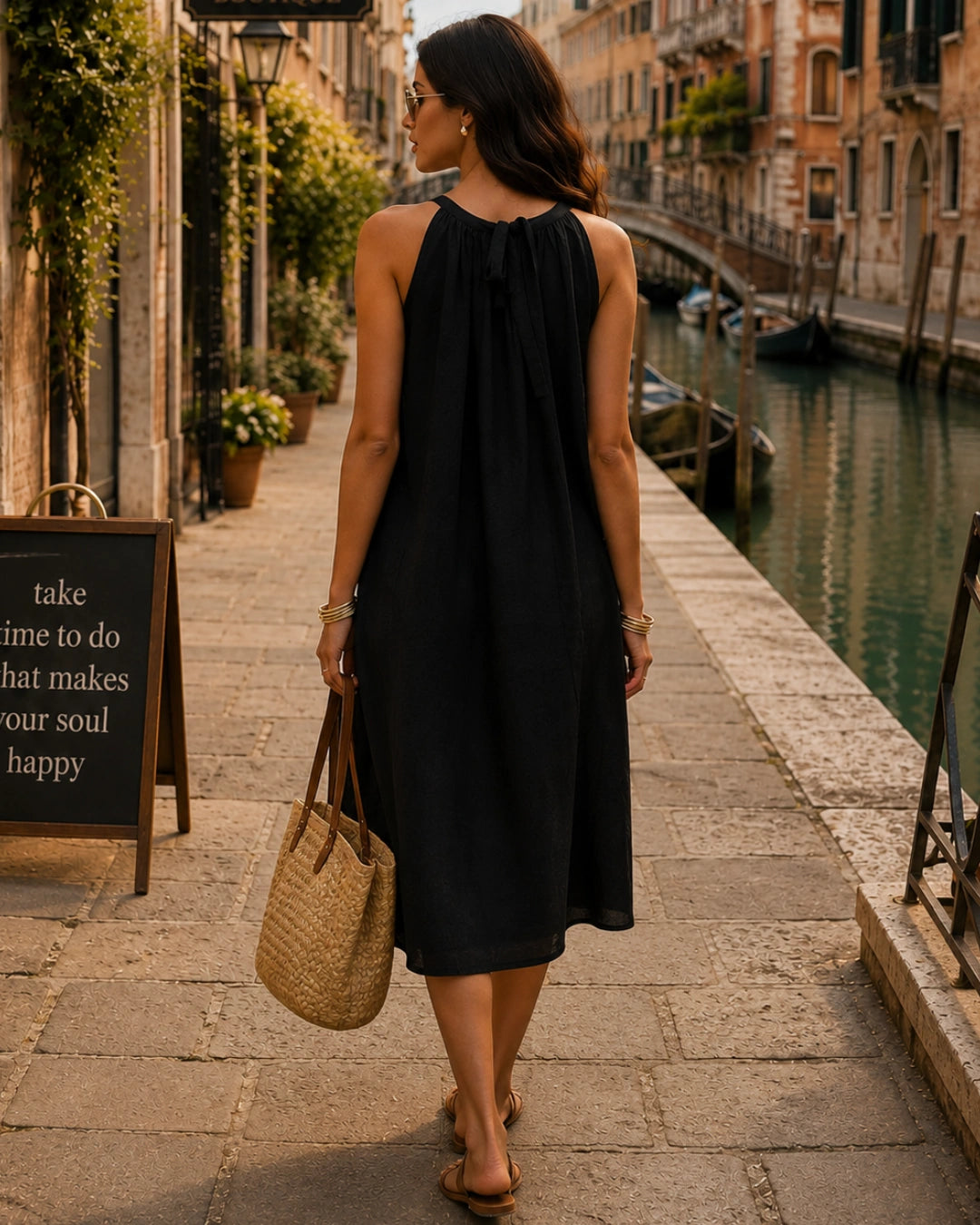 Black Halter Neck Back Tie Flex Dress For Women