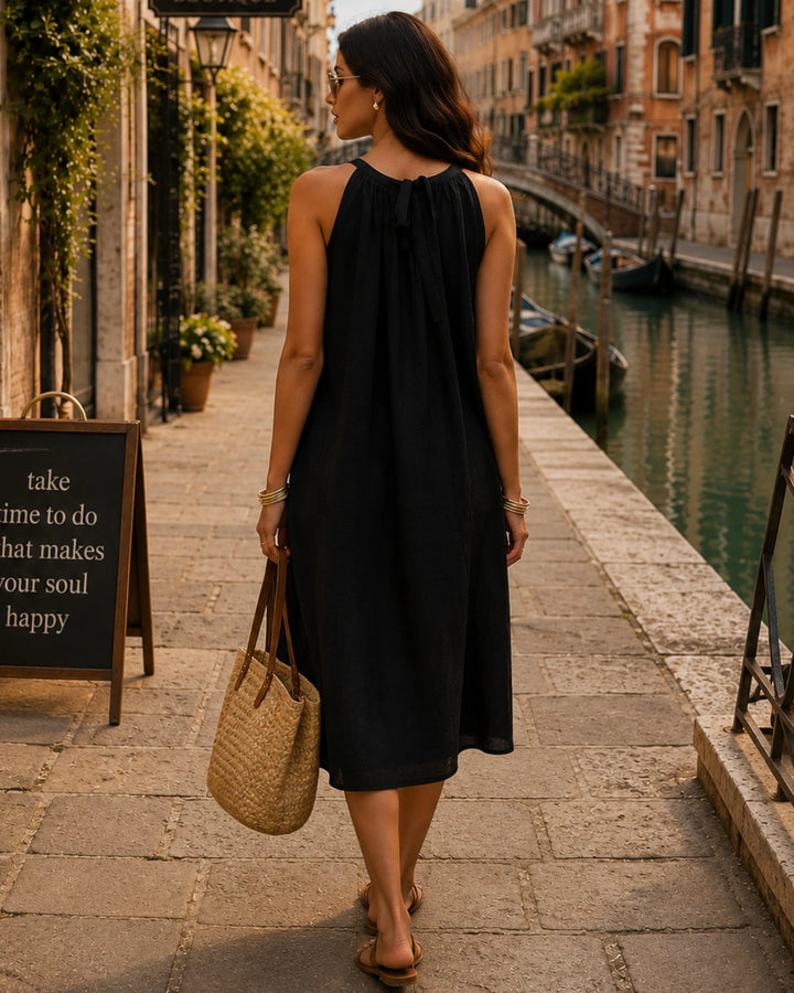 Black Halter Neck Back Tie Flex Dress For Women