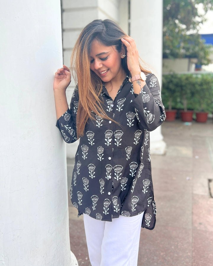 Black Handblock Long Cotton Shirt for Women