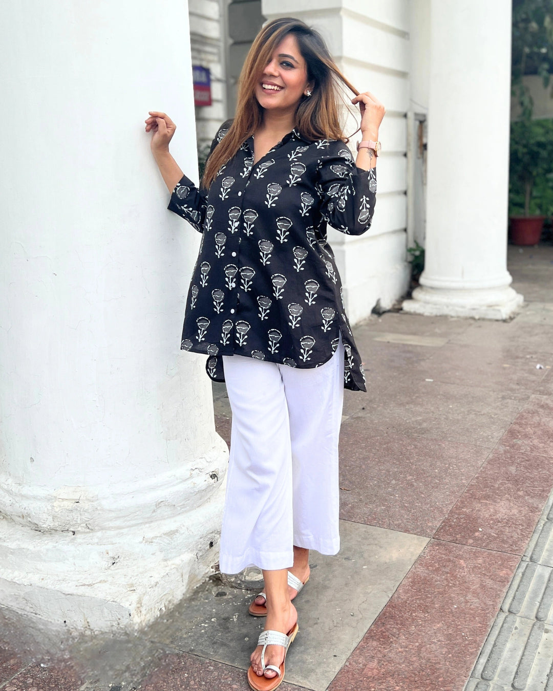 Black Handblock Long Cotton Shirt for Women
