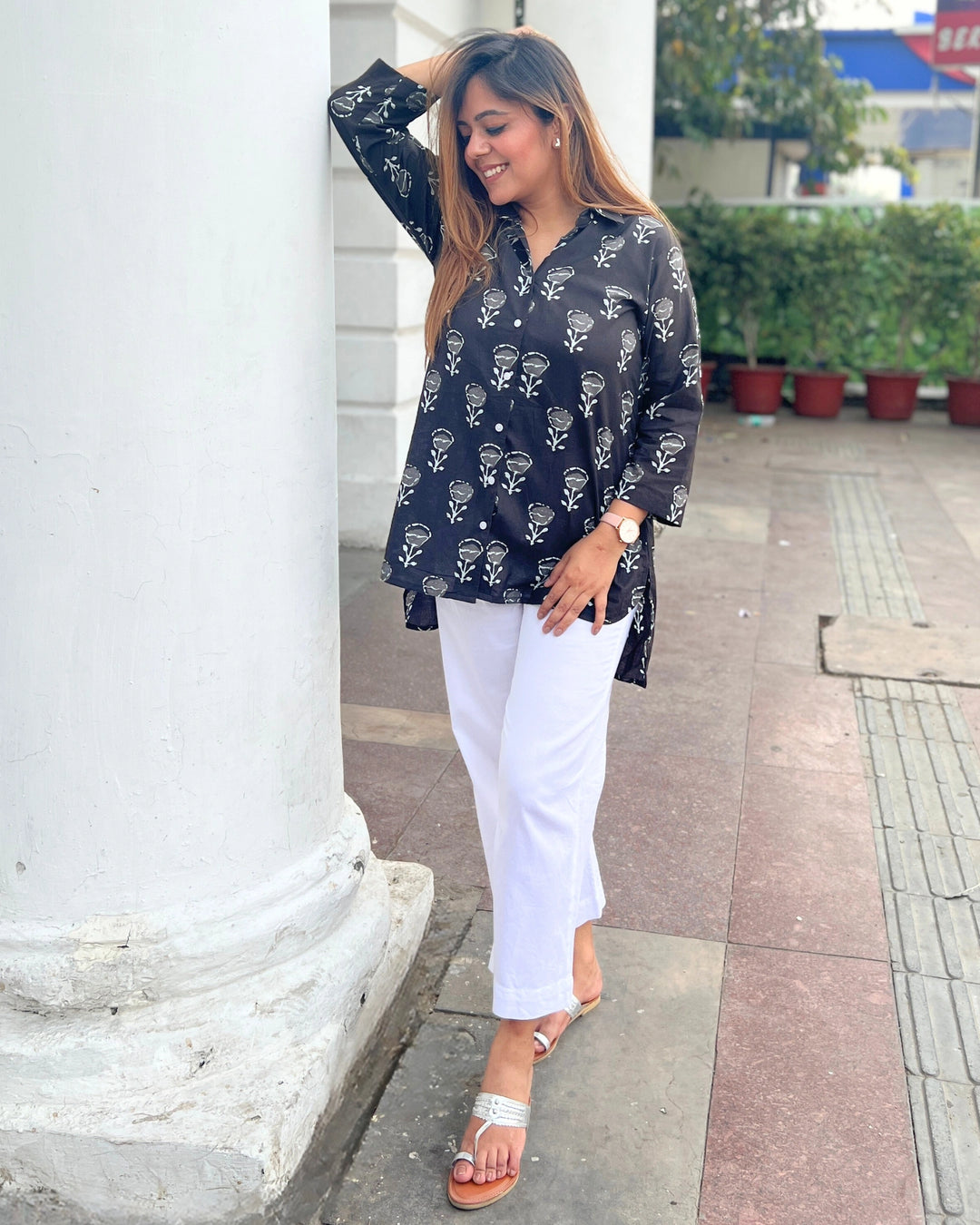 Black Handblock Long Cotton Shirt for Women