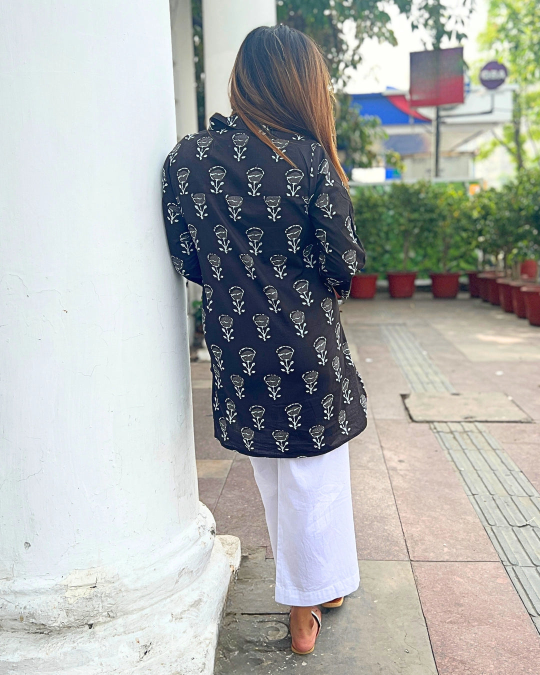Black Handblock Long Cotton Shirt for Women