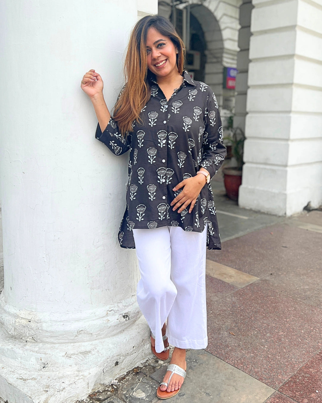 Black Handblock Long Cotton Shirt for Women