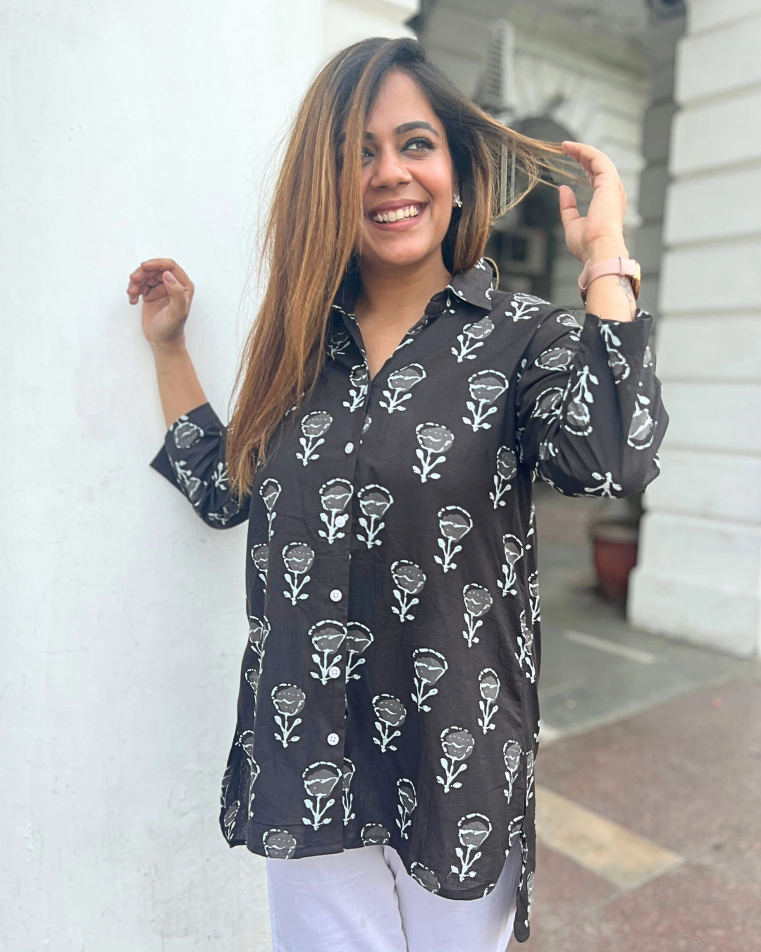 Black Handblock Long Cotton Shirt for Women