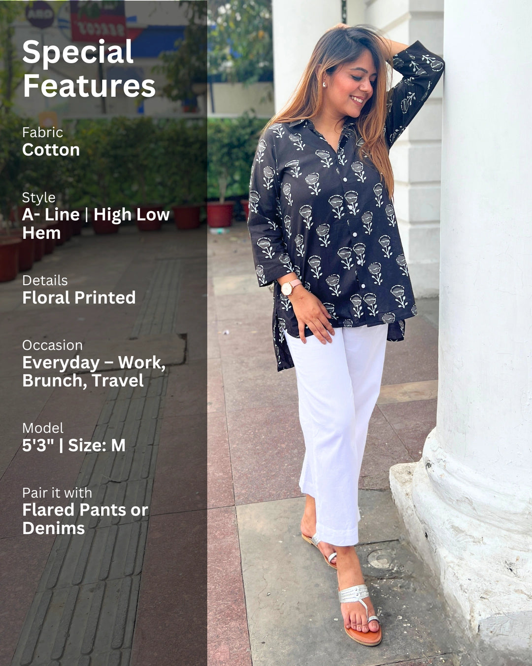 Black Handblock Long Cotton Shirt for Women