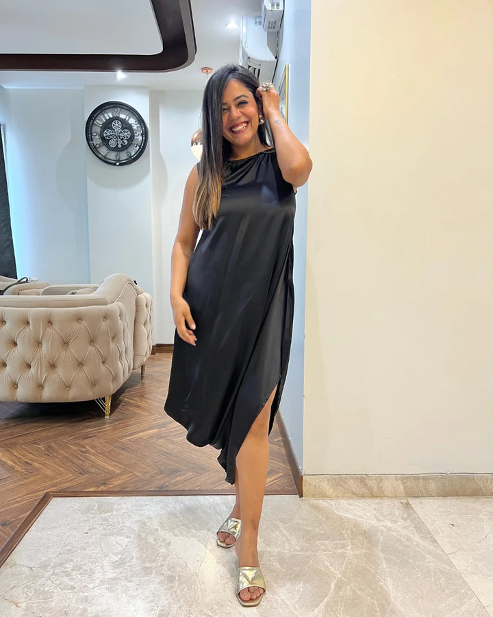 Black Satin Cowl Dress For Women