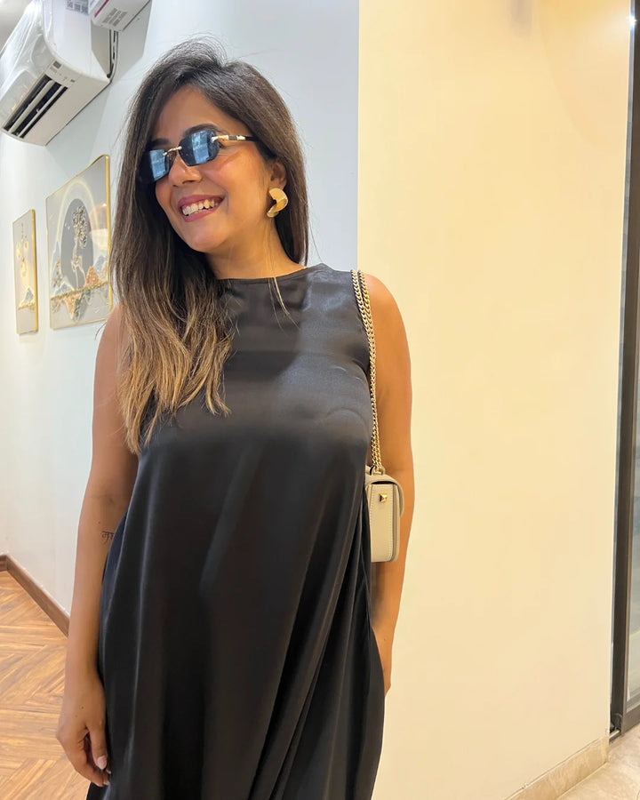 Black Satin Cowl Dress For Women