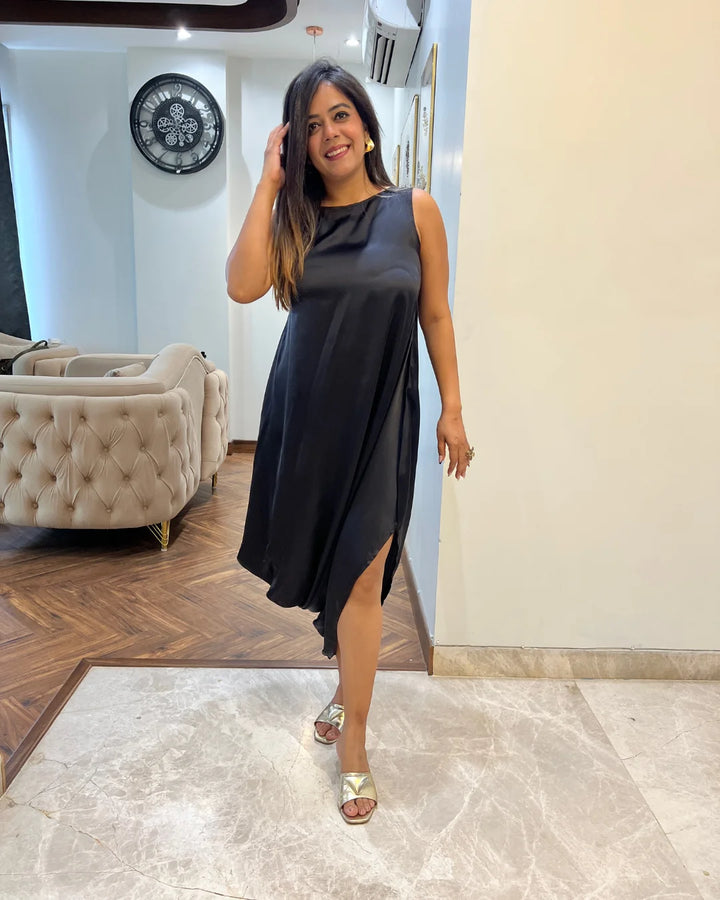 Black Satin Cowl Dress For Women