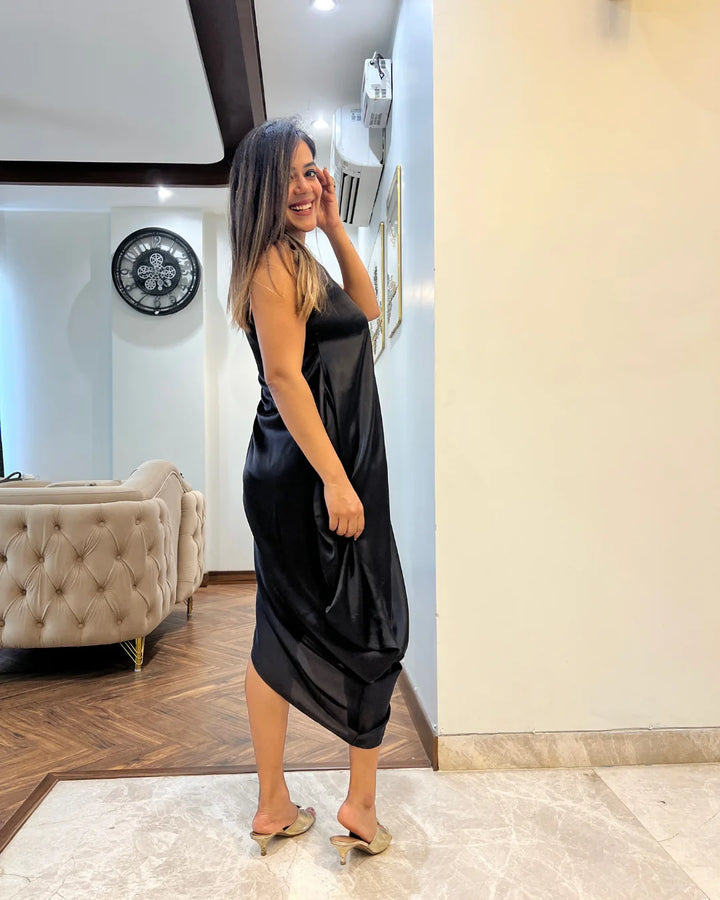 Black Satin Cowl Dress For Women