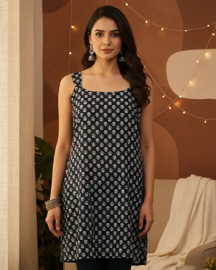 Black Strapy Tiny Mogra Cotton Kurti For Women