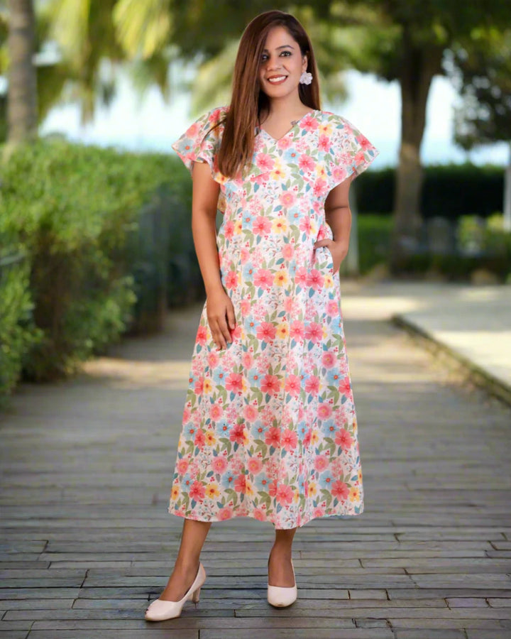 Blossom Floral Print Schiffli Aline Cotton Dress