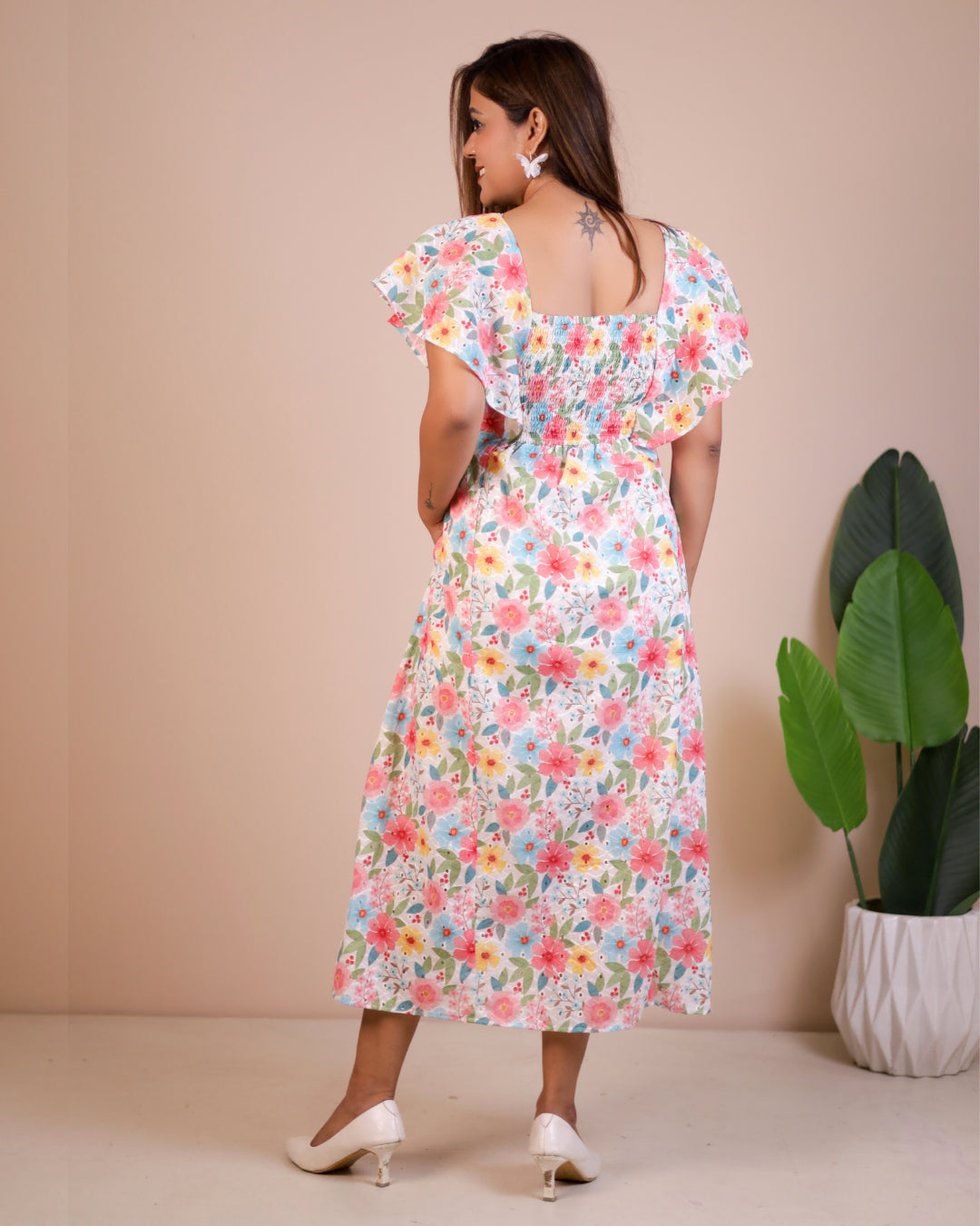 Blossom Floral Print Schiffli Aline Cotton Dress