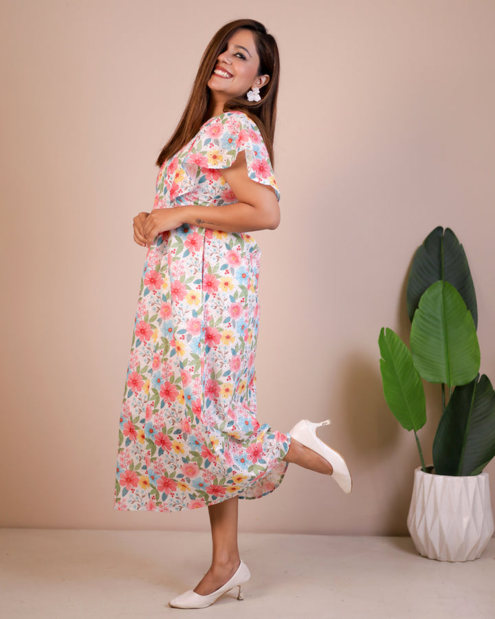 Blossom Floral Print Schiffli Aline Cotton Dress