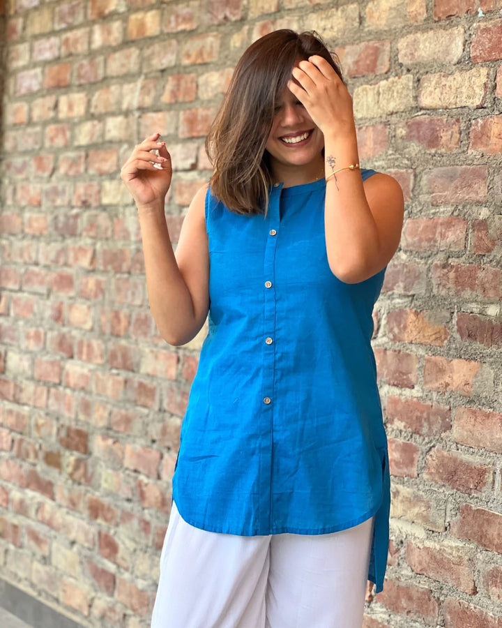 Blue Solid High Low Shirt
