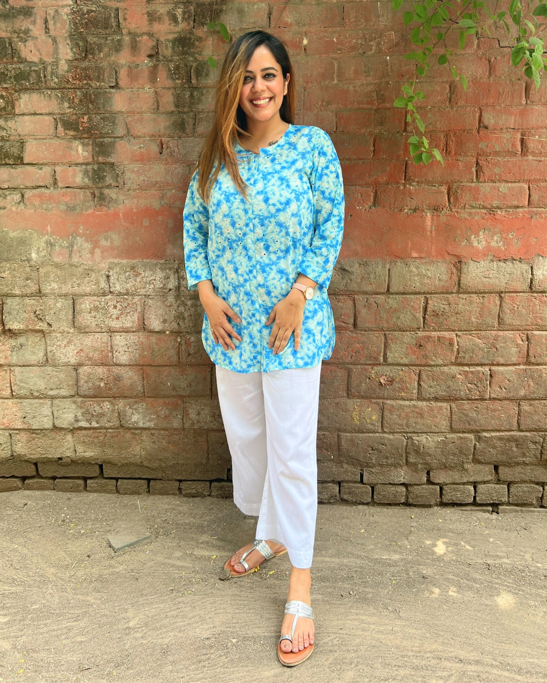 Blue Embroidered Long Cotton Shirt For Women