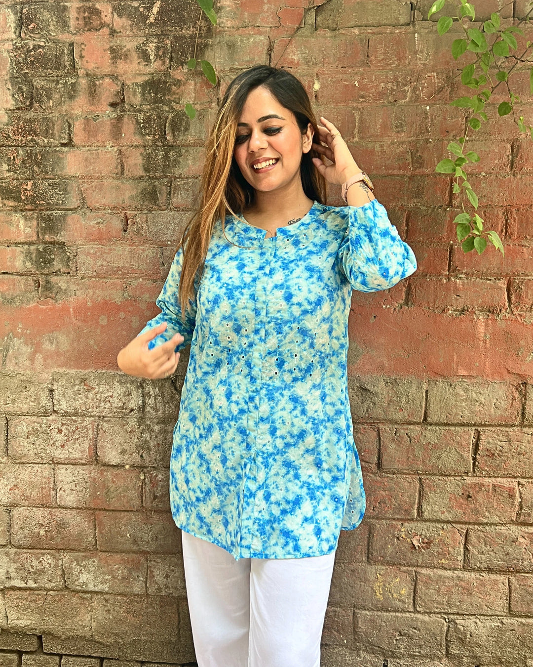 Blue Embroidered Long Cotton Shirt For Women