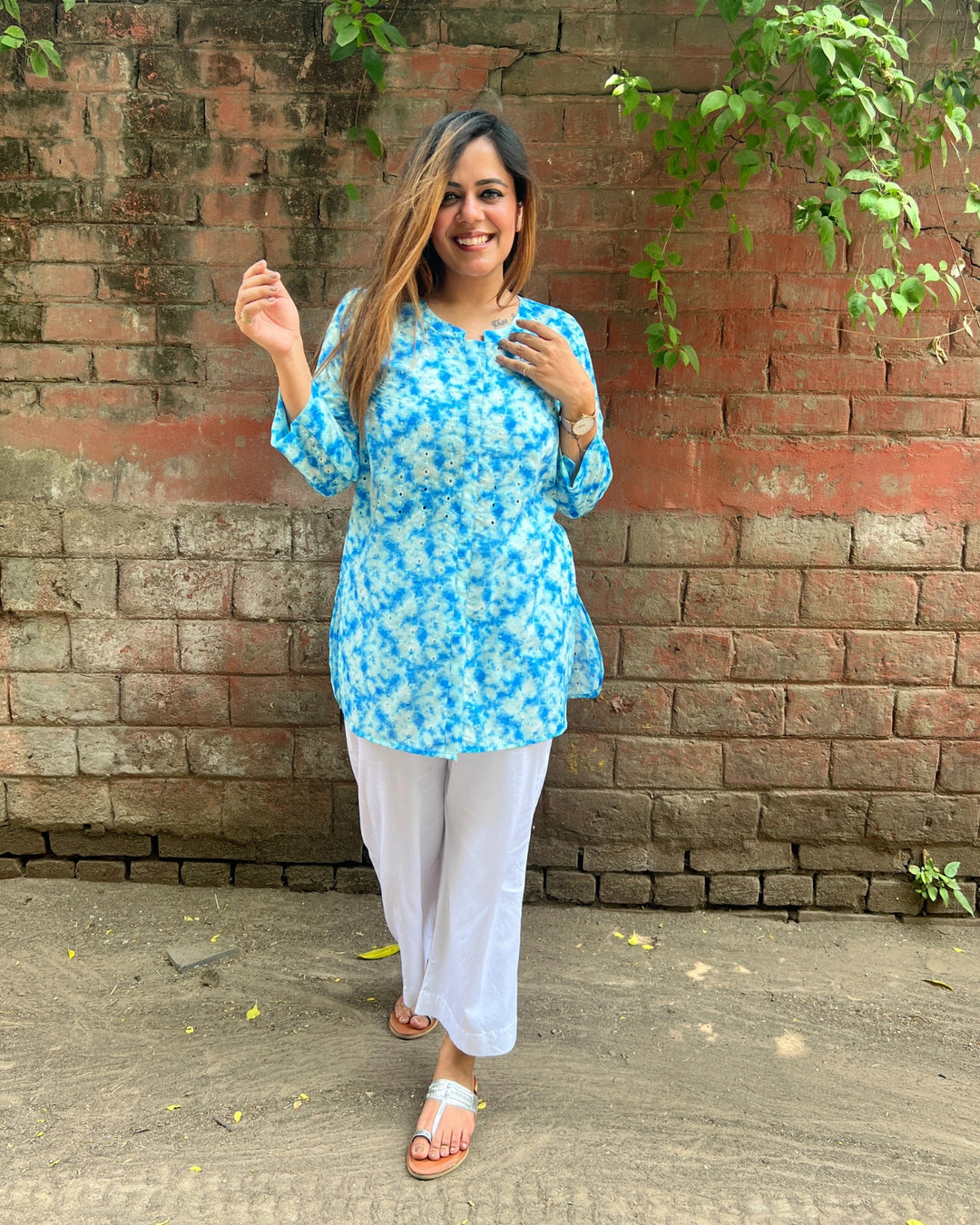 Blue Embroidered Long Cotton Shirt For Women