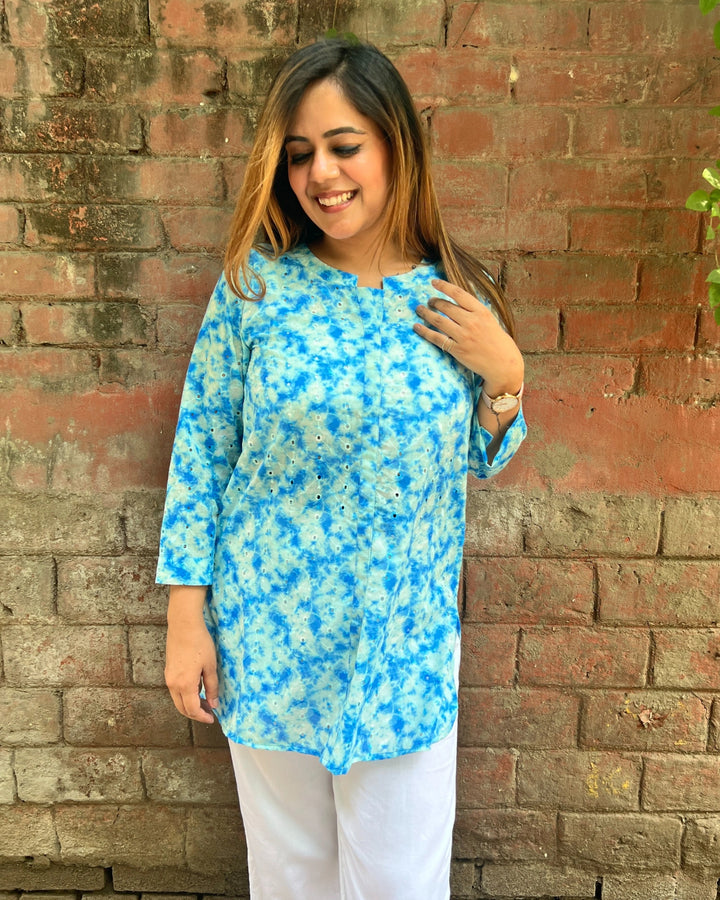 Blue Embroidered Long Cotton Shirt For Women