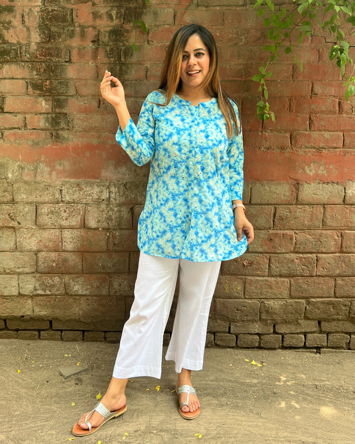 Blue Embroidered Long Cotton Shirt For Women