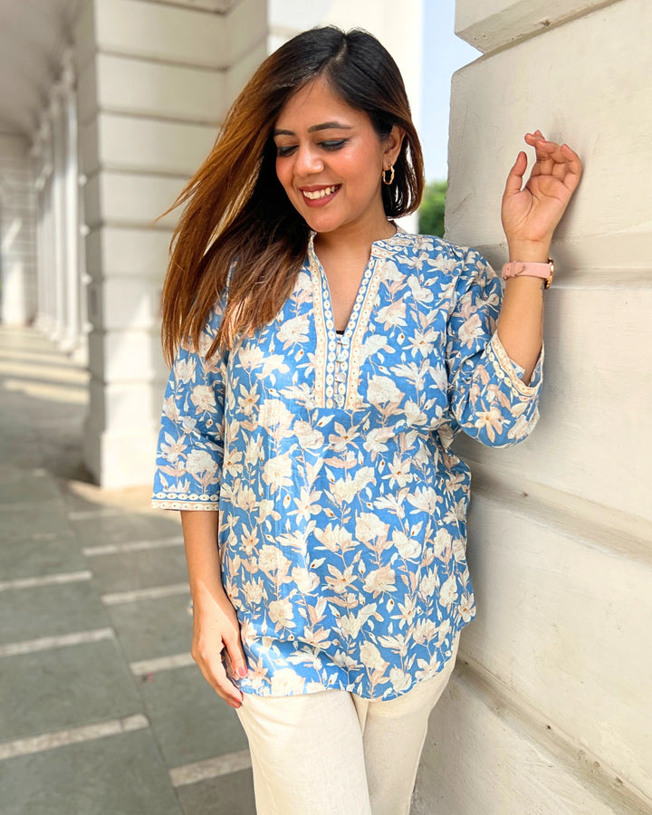 Blue Floral Cotton Long Top For Women