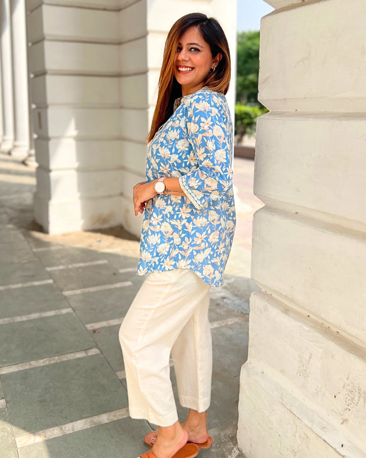 Blue Floral Cotton Long Top For Women