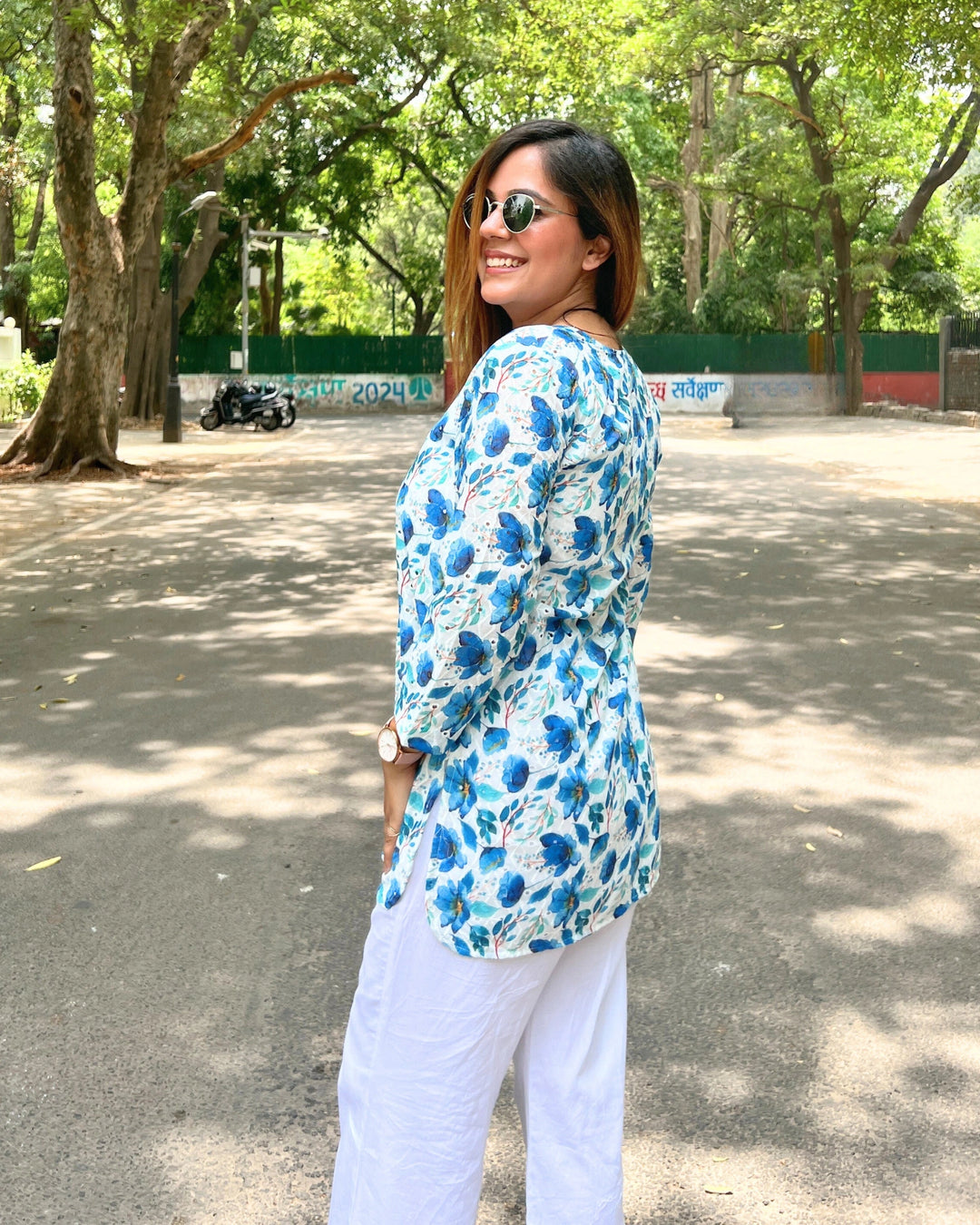 Blue Floral Cotton Shirt For Women