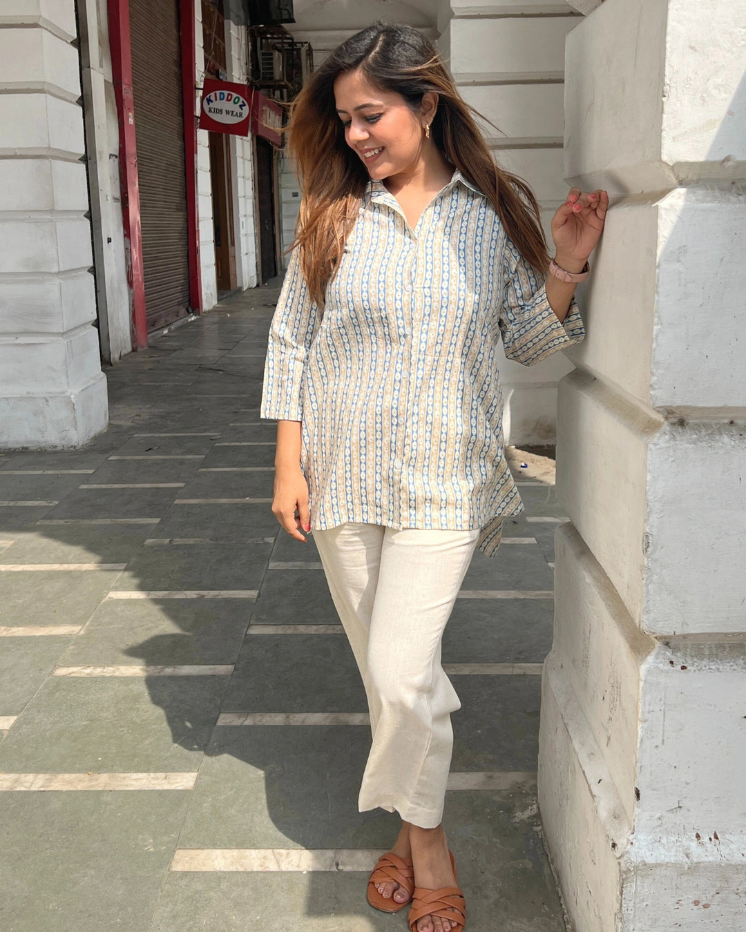 Blue Ivory Printed Long Cotton Shirt For Women